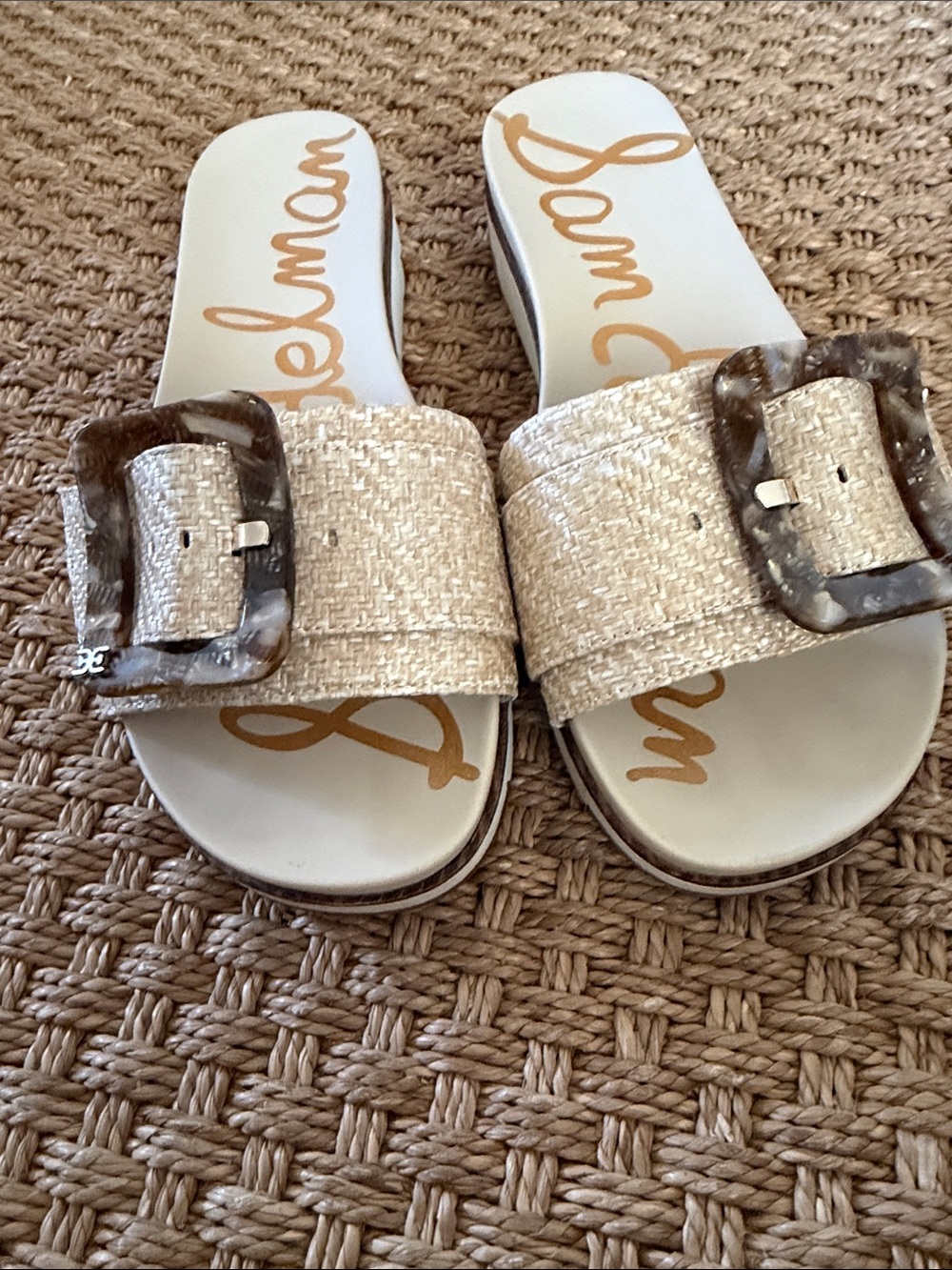Sam Edelman Ariane Cream Woven Slide Sandals with Tortoiseshell Buckle 7.5 - Picture 2 of 4